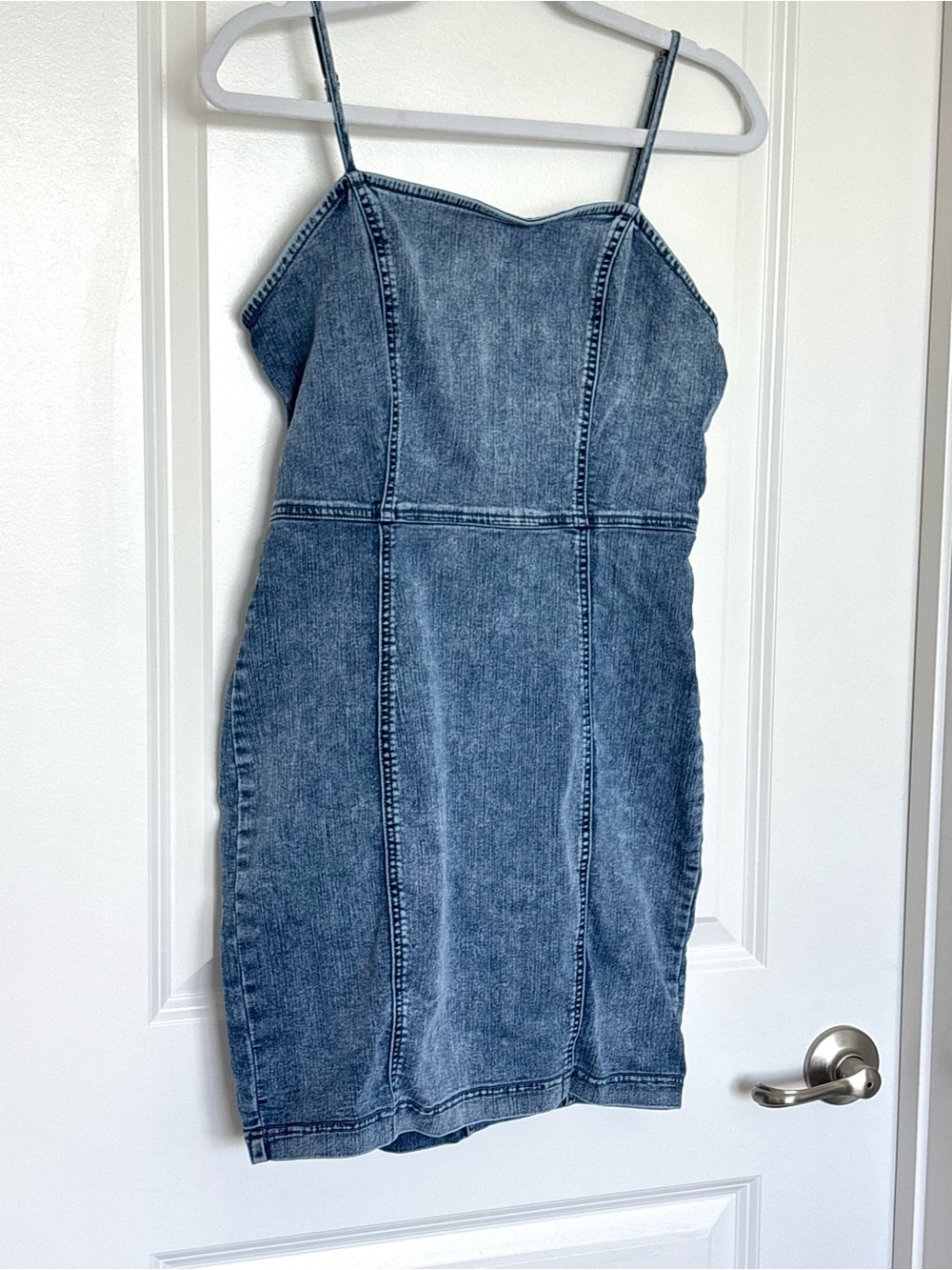 Y2K Iris Denim Dress Blue Fitted Zip Front Spaghetti Strap 90s 2000s Western